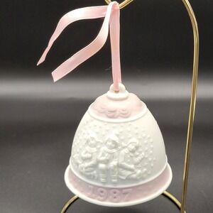 Lladro 1987 Christmas Bell Girl Ornament Bisque Porcelain White & Pink Vintage